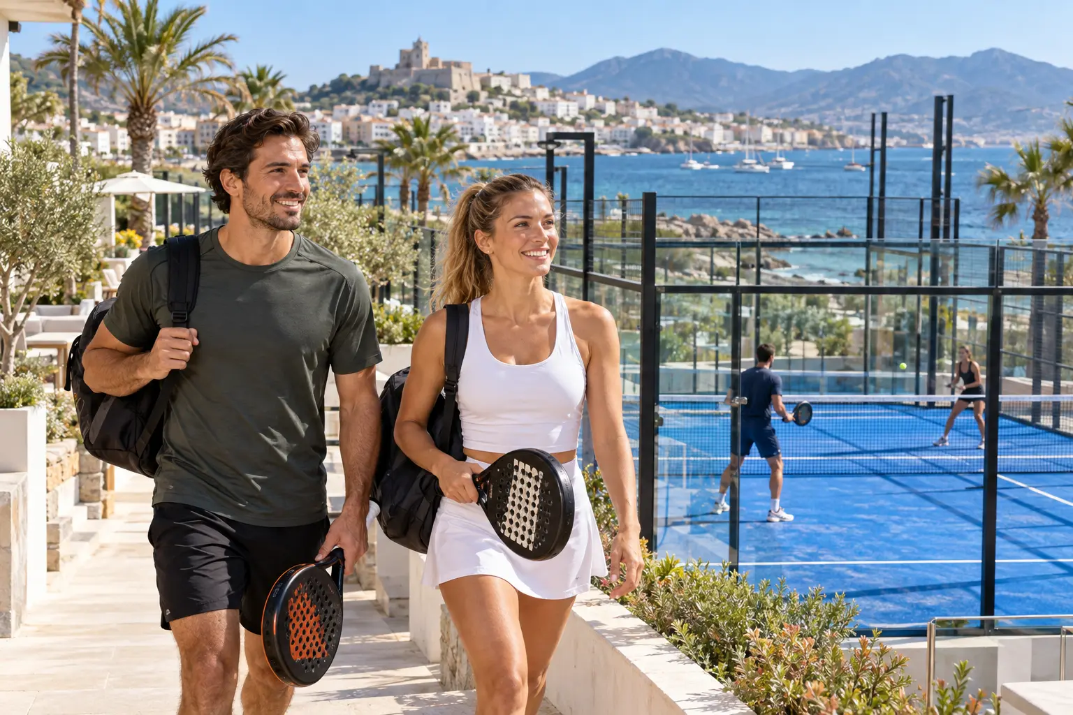 Illustrative scene of travellers arriving at a coastal padel club
